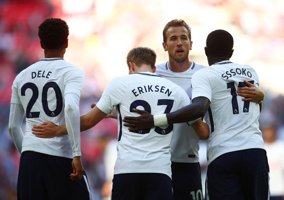 Christian Eriksen, Harry Kane, Dele Alli a Moussa Sissoko z Tottenhamu Hotspur