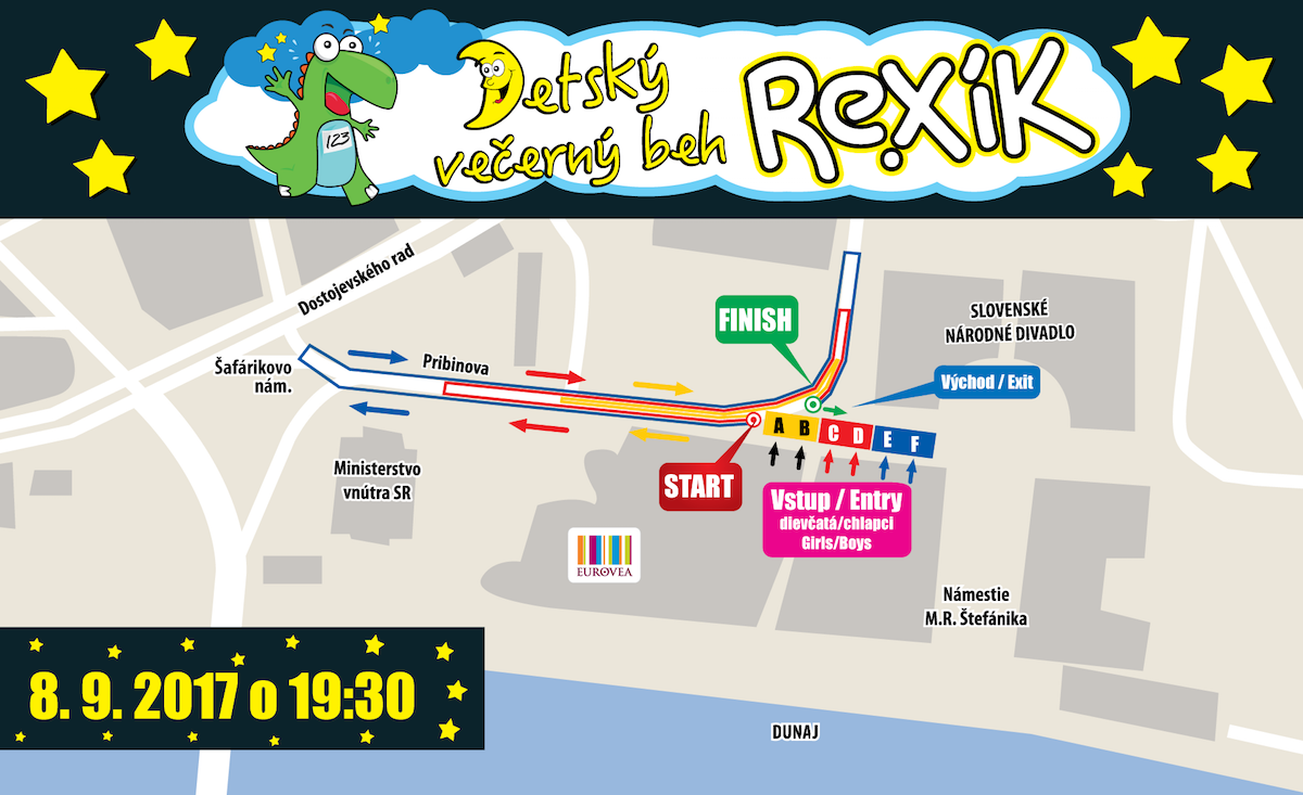 Mapa detského večerného behu Rexík (Telekom Night Run 2017)