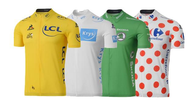 Žltý dres, biely dres, zelený dres a bodkovaný dres Tour de France 2017.