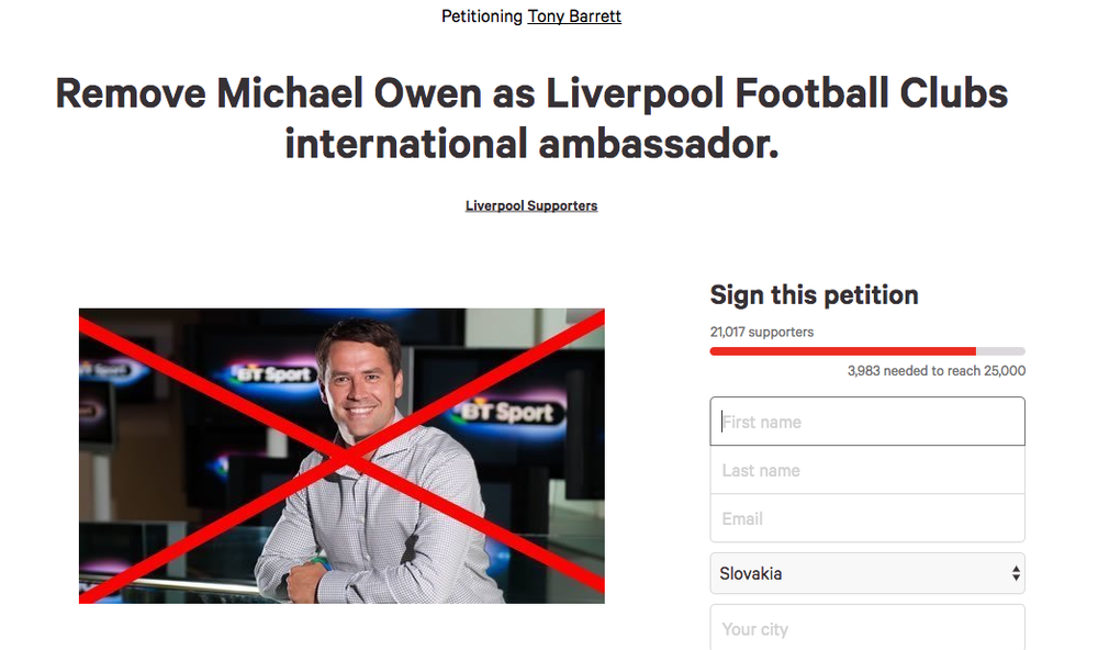 Petícia za odvolanie Michaela Owena z Liverpoolu