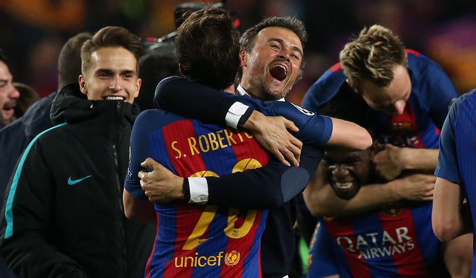 FC Barcelona, trener, Luis Enrique, Sergi Roberto, radost, Liga majstrov, mar17, reuters