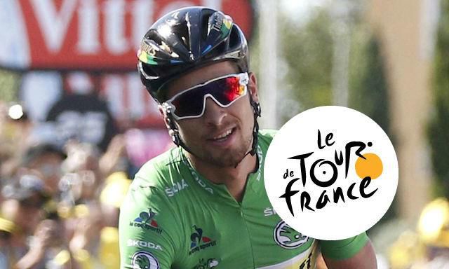 Peter Sagan, Tinkoff, zeleny dres, vysmiaty v cieli. logo Tour de France, Jul 2016