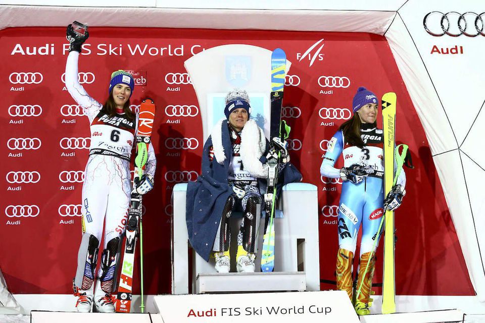 Veronika Velez Zuzulova Petra Vlhova Sarka Strachova podium slalom Zahreb jan2017