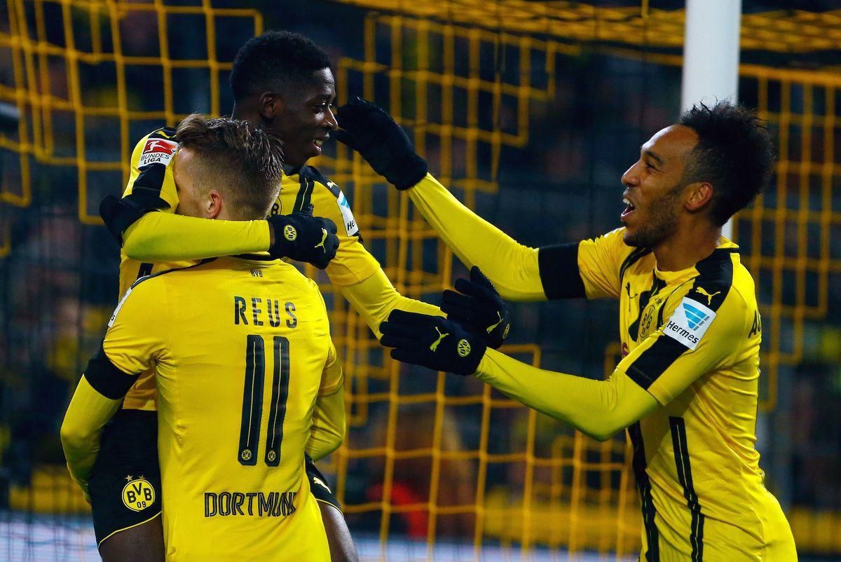 Borussia Dortmund Marco Reus Ousmane Dembele Pierre Emeric Aubameyang dec16 Reuters