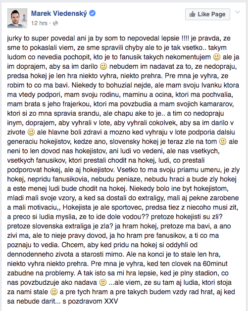 Marek Viedensky reakcia fanusikom ms2016 Facebook