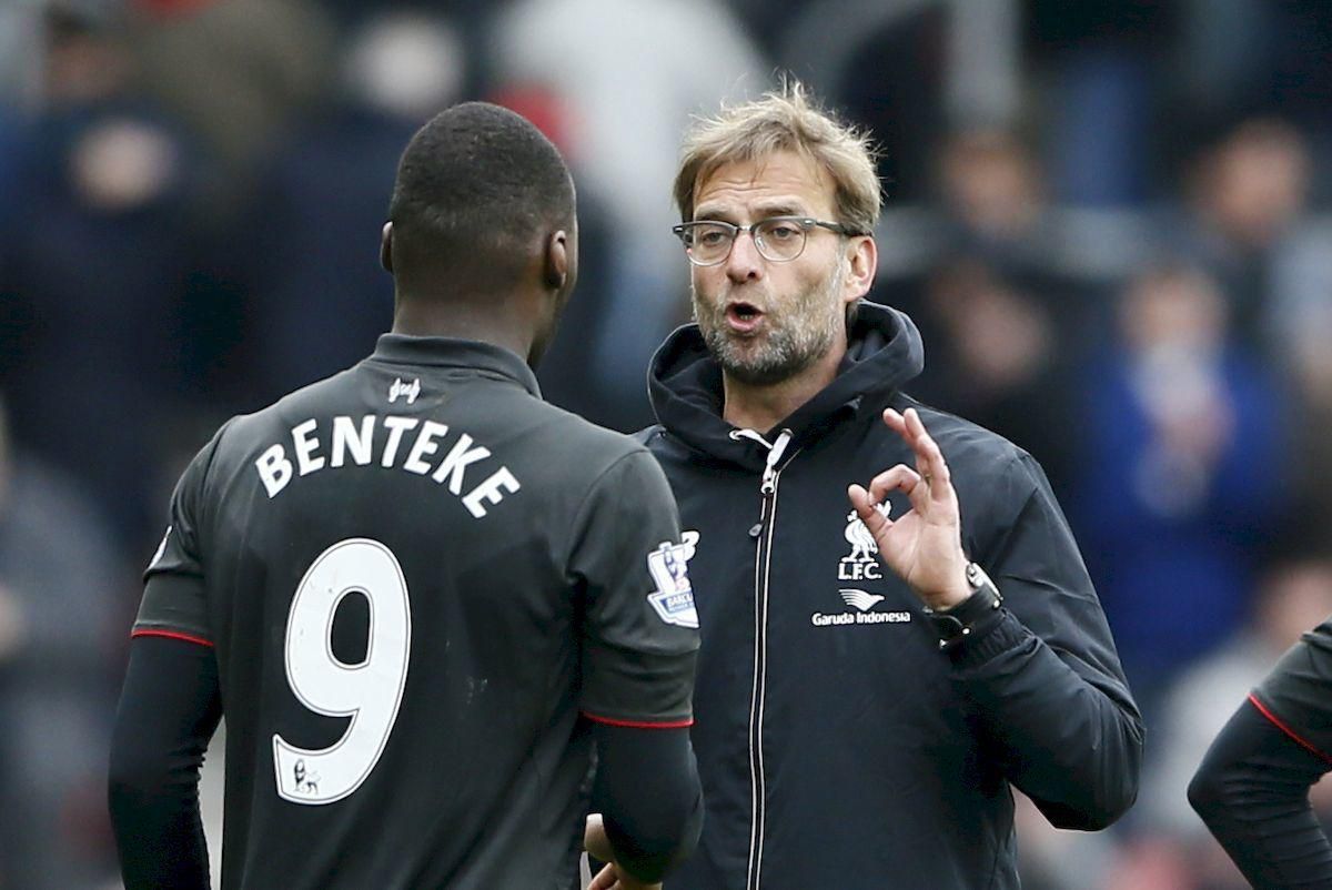 Christian Benteke Jurgen Klopp FC Liverpool mar16 Reuters