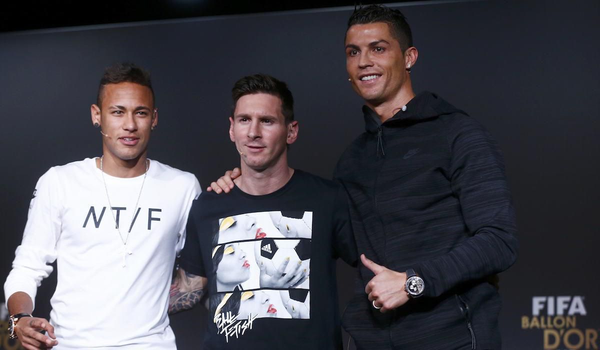 Neymar, Lionel Messi, Cristiano Ronaldo, trio pozuje, Zlata lopta FIFA, Jan2016