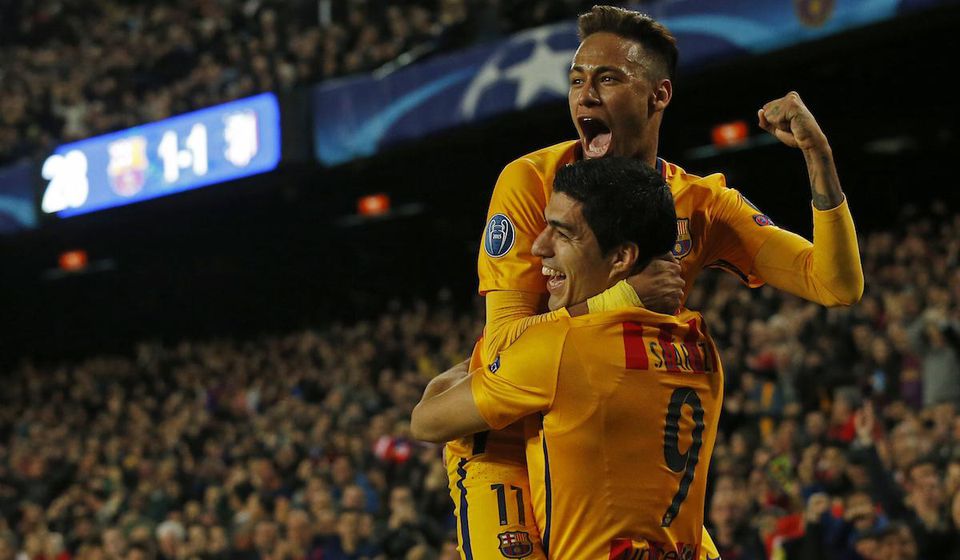 Luis Suarez, Neymar, FC Barcelona, oslava, radost, gol, apr16