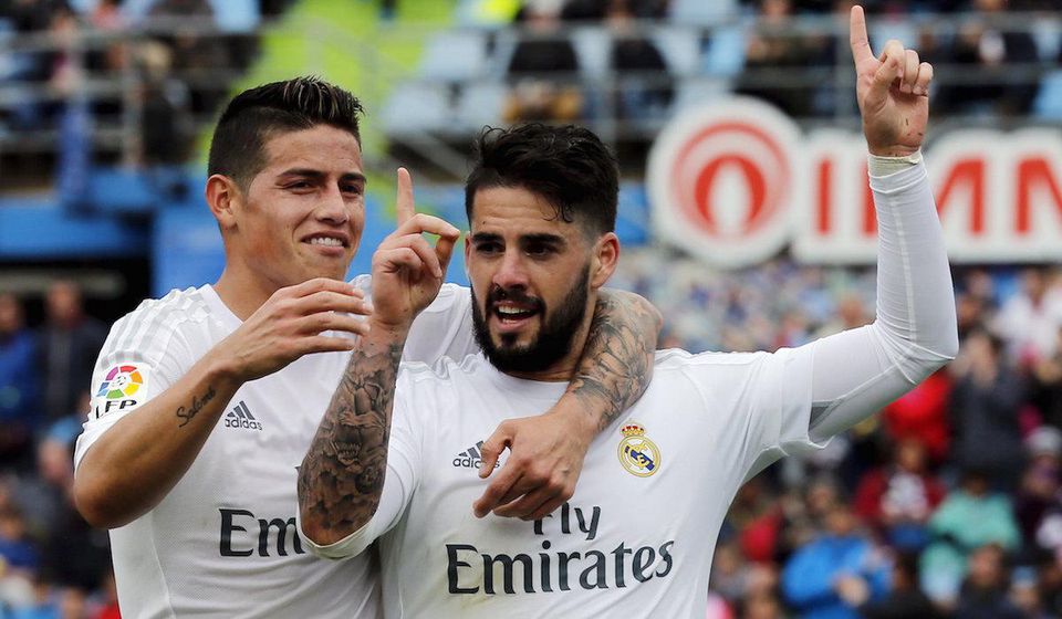 Francisco Isco Alarcon, James Rodriguez, Real Madrid, radost, gol, apr16