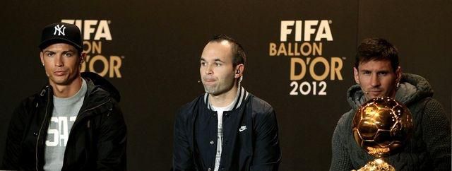 Ronaldo iniesta messi zlata lopta 2012 reuters