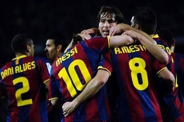 Messi iniesta a spol barcelona hraci radost mar2011
