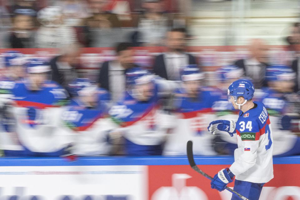 MS v hokeji 2023: Slovensko - Nórsko (Peter Cehlárik oslavuje gól so striedačkou)