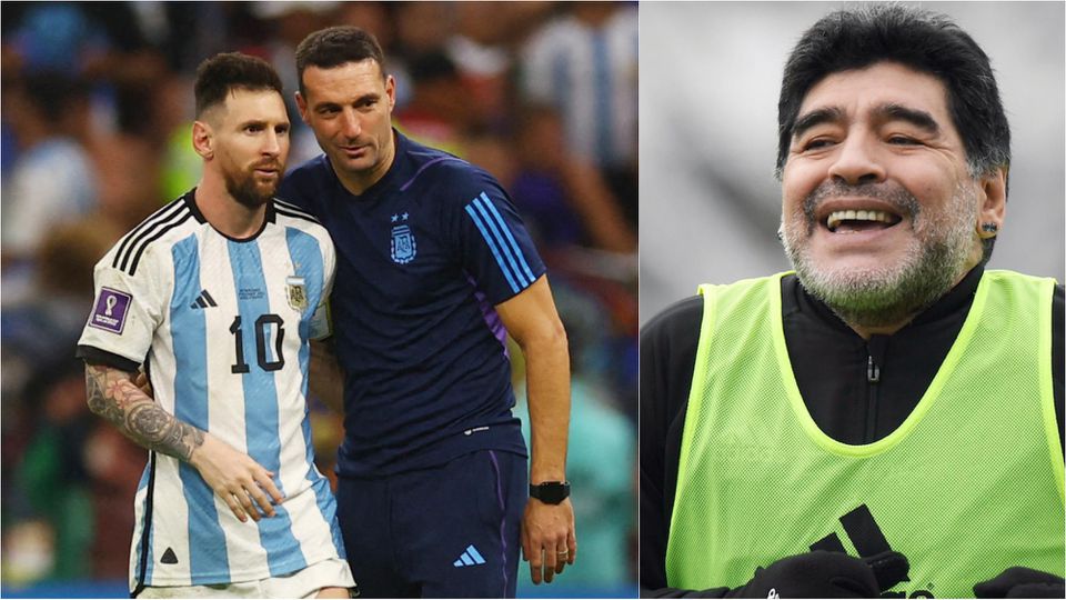 Zľava Lionel Messi, Lionel Scaloni a Diego Maradona.