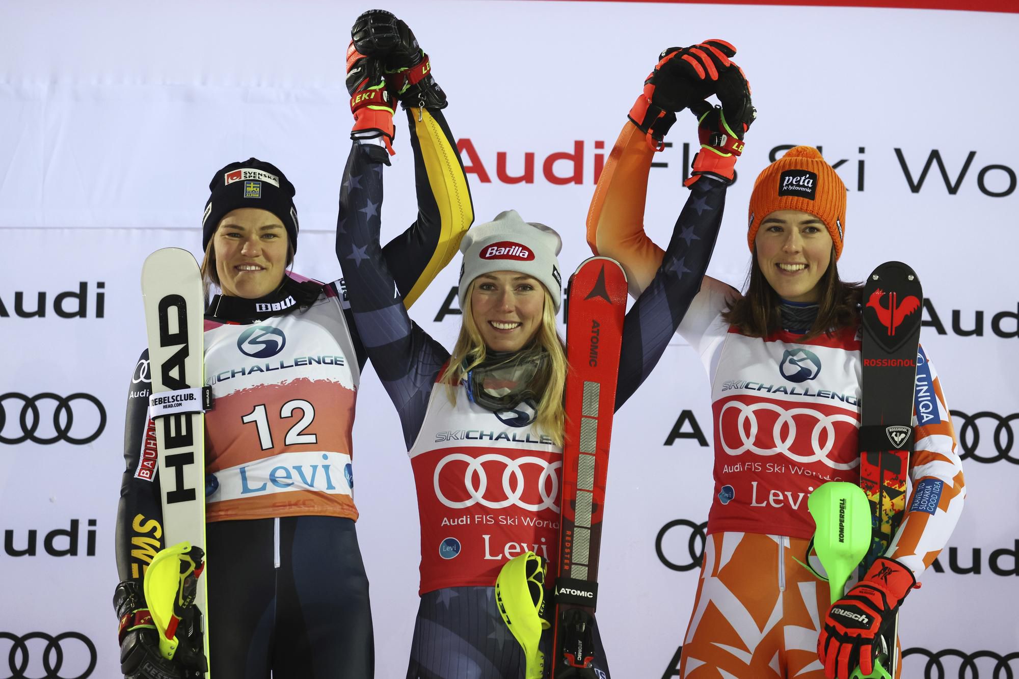 Sprava slovenská lyžiarka Petra Vlhová, Američanka Mikaela Shiffrinová a Švédka Anna Swennová-Larssonová pózujú na pódiu po úvodnom ženskom slalome sezóny Svetového pohára vo fínskom Levi