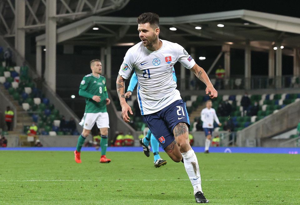 Michal Ďuriš sa teší po strelení gólu.