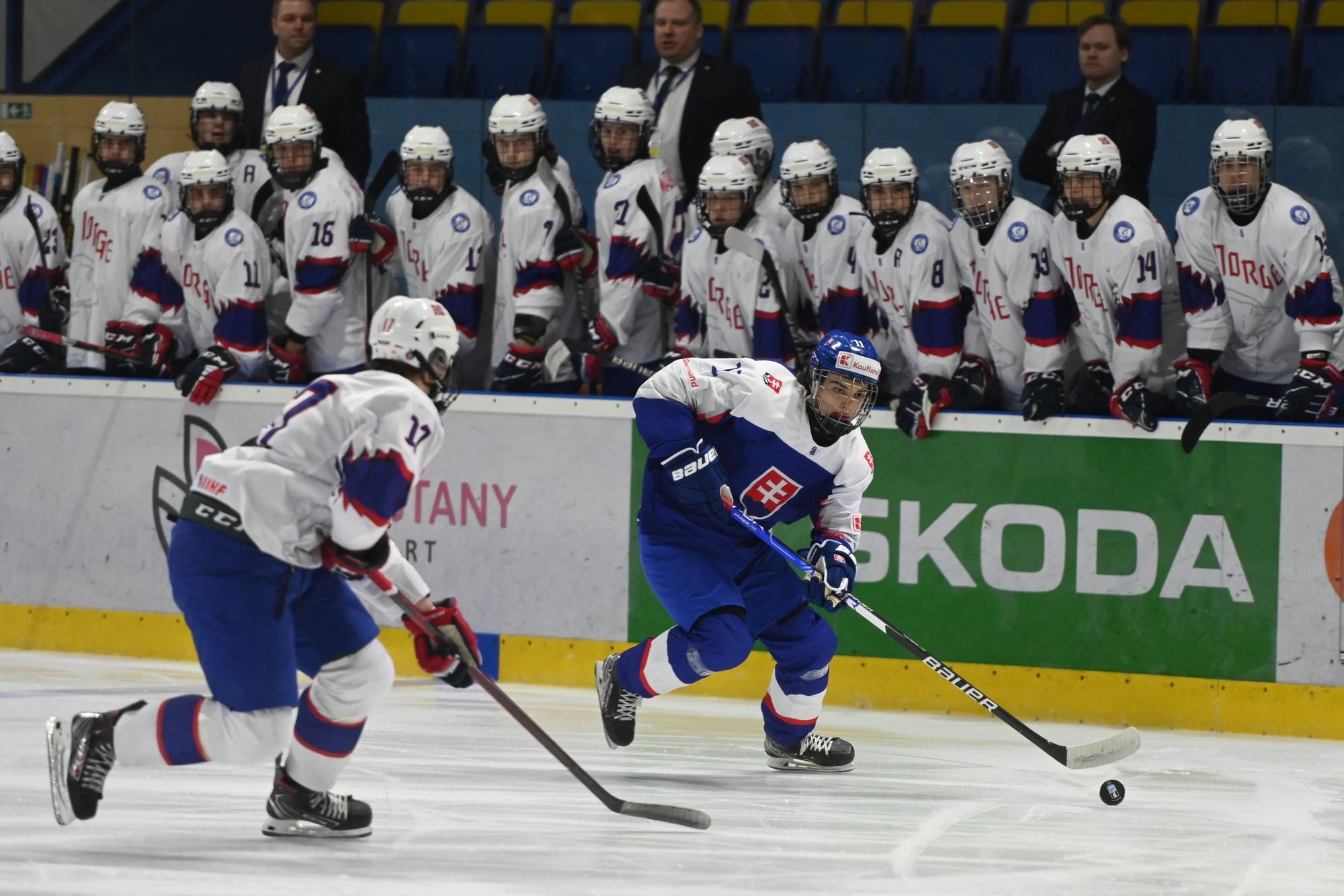 Hráč Slovenska Ondrej Molnár a hráč Nórska Tobias Larsen.