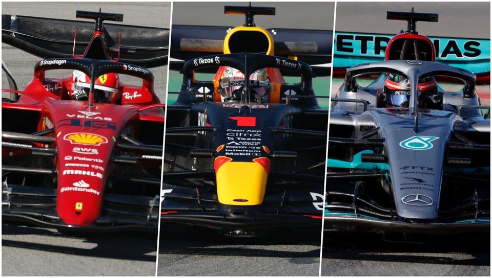 Koláž - monoposty Ferrari, Red Bull a Mercedes pre sezónu 2022.