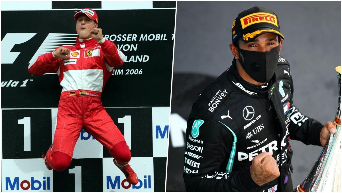 Koláž - Michael Schumacher a Lewis Hamilton.