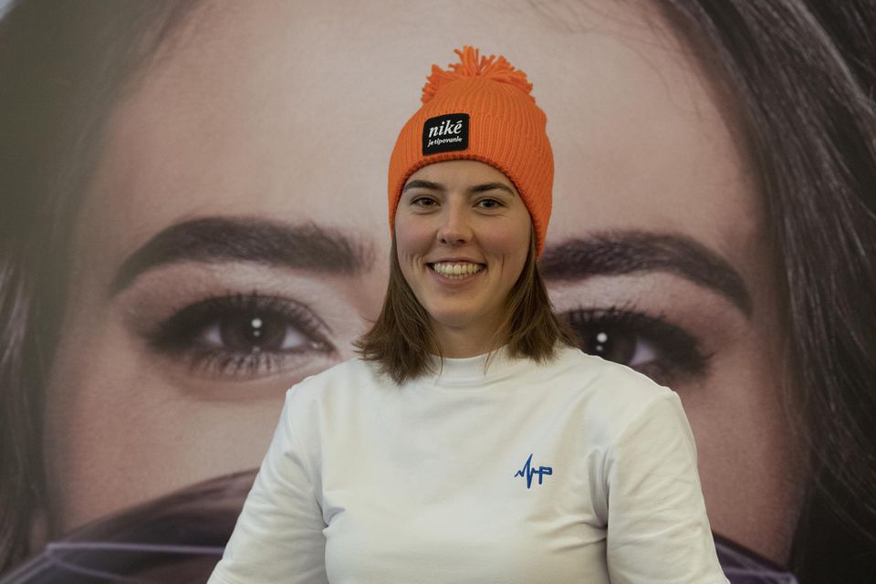 Slovenská reprezentantka v zjazdovom lyžovaní Petra Vlhová počas tlačovej konferencie.