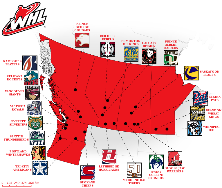 Mapa klubov WHL.