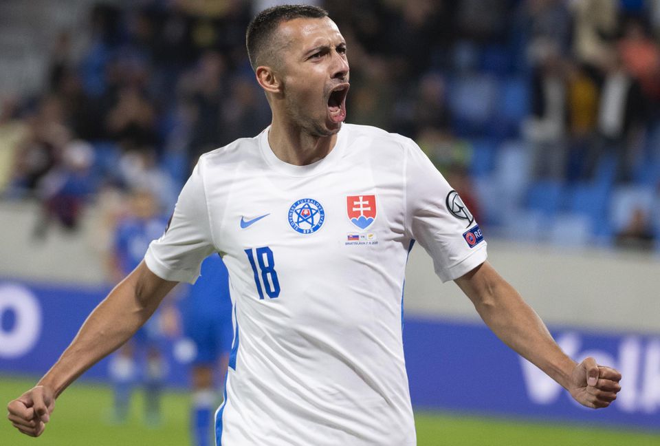 Kvalifikácia MS 2022: Slovensko - Cyprus: slovenský útočník Ivan Schranz oslavuje gól