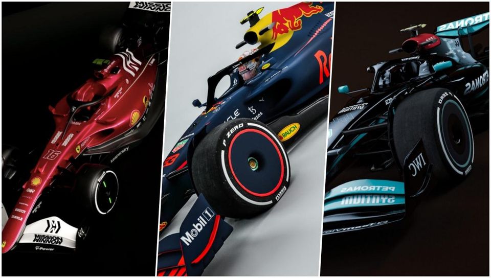 Koláž - koncept monopostov Ferrari, Red Bull a Mercedes pre rok 2022.