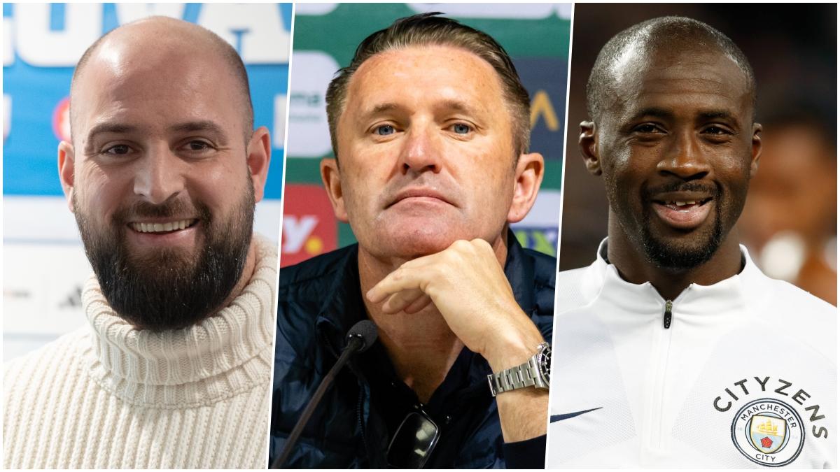 Zľava šéf ŠK Slovan Bratislava Ivan Kmotrík ml., Robbie Keane a Yaya Touré. Zdroj: TASR/Imago