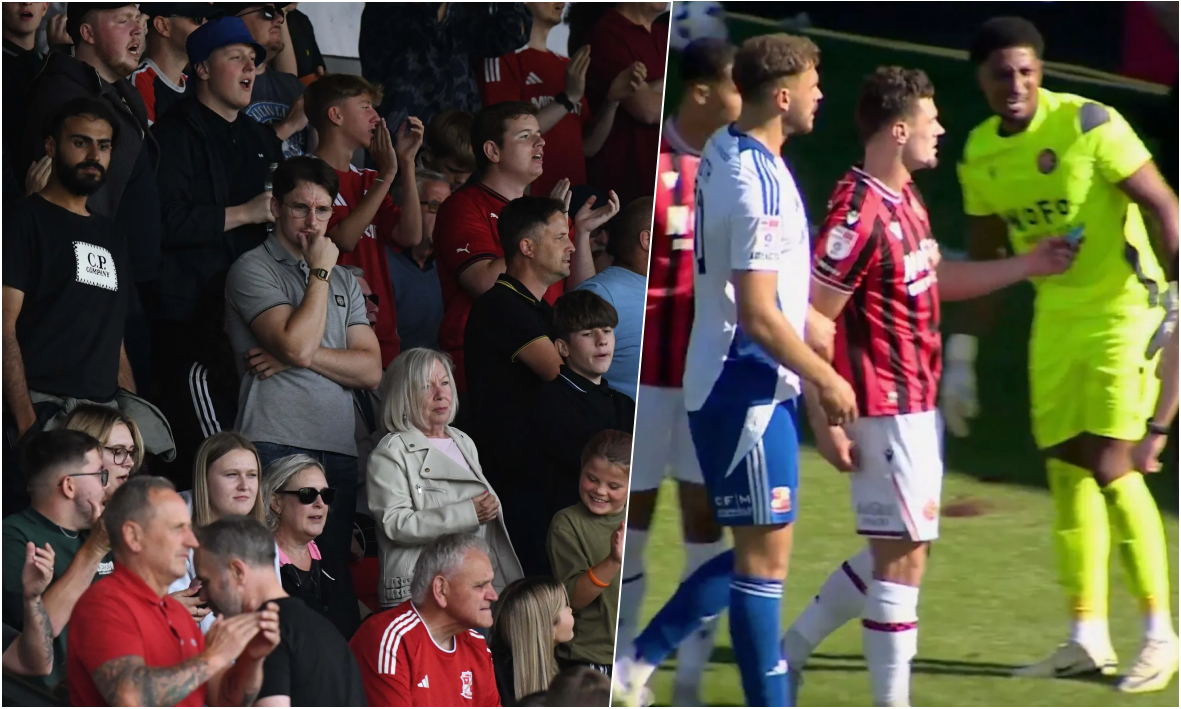Fanúšikovia Swindonu Town a zasiahnutý brankár Walsallu Myles Roberts. Zdroj: Swindon Town FC / Sky Sports