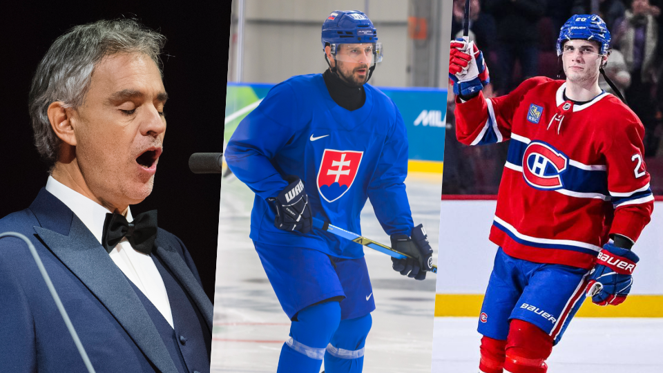 Andrea Bocceli, Tomáš Tatar a Juraj Slafkovský. Zdroj: TASR, IMAGO