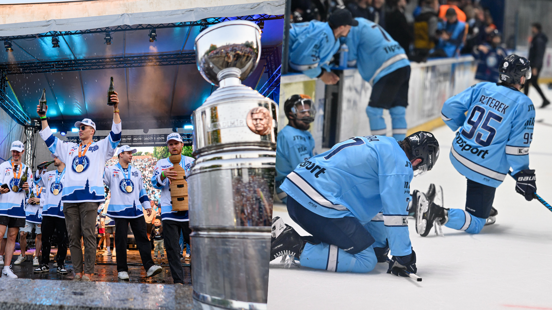 Oslavy HK Nitra a sklamaní hráči HC Slovan Bratislava. Zdroj: SITA