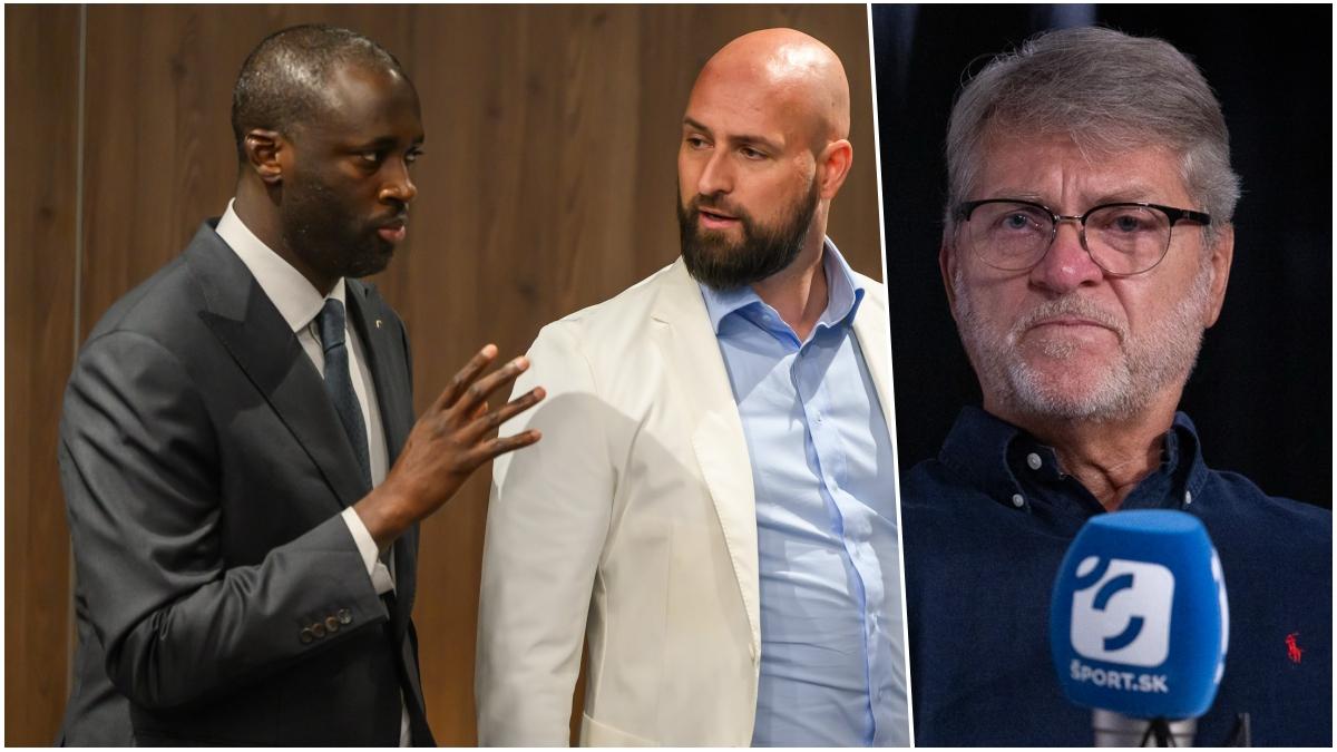 Zľava tréner ŠK Slovan Bratislava Yaya Touré, Ivan Kmotrík ml. a Ladislav Borbély. Zdroj: TASR/Štefan Dobiaš