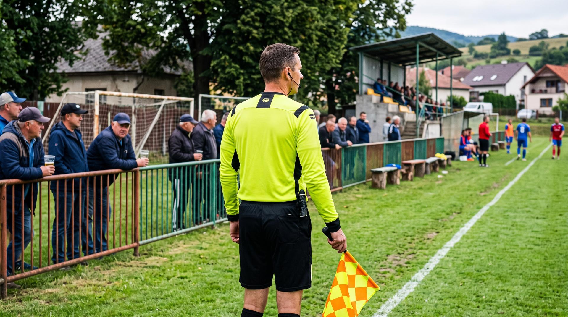 Futbalový rozhodca na dedinskom zápase. Zdroj: AI