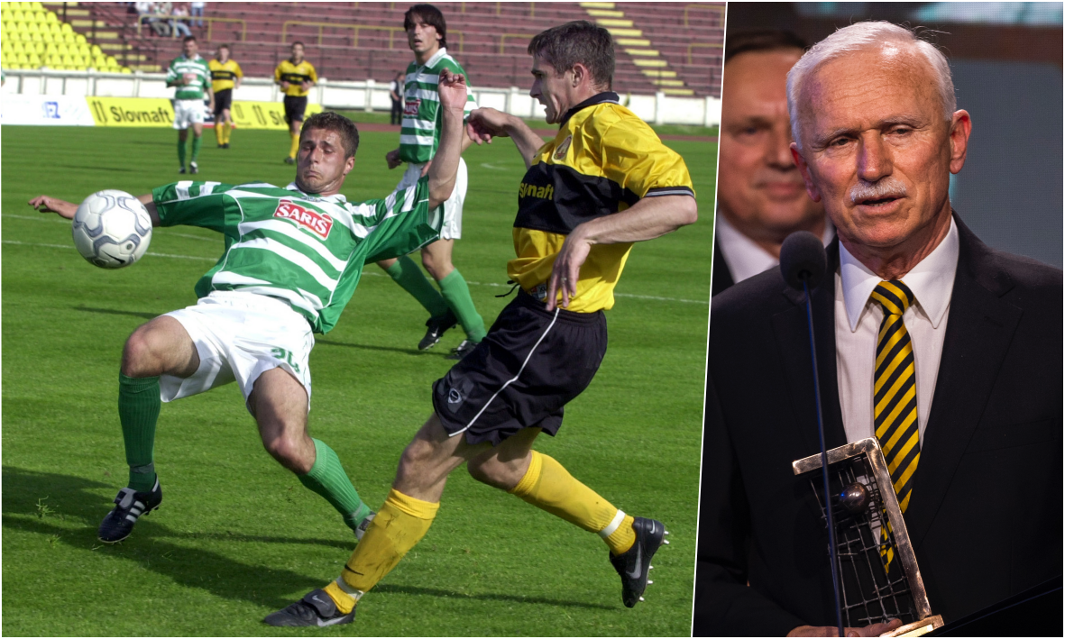 Momentka z roku 2002, zápas Inter Bratislava - Tatran Prešov. Vpravo Jozef Barmoš. Zdroj: TASR