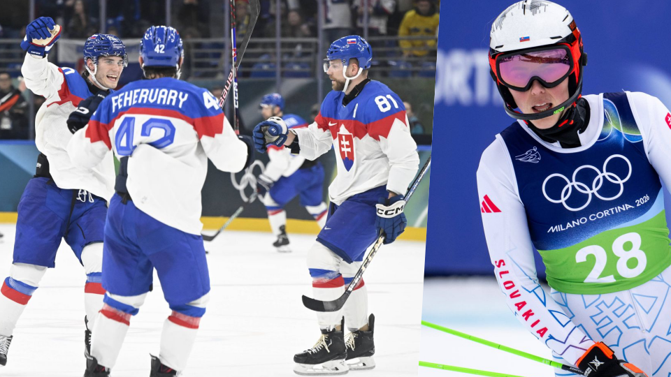 Hokejisti Slovenska a Petra Vlhová. Zdroj: Imago