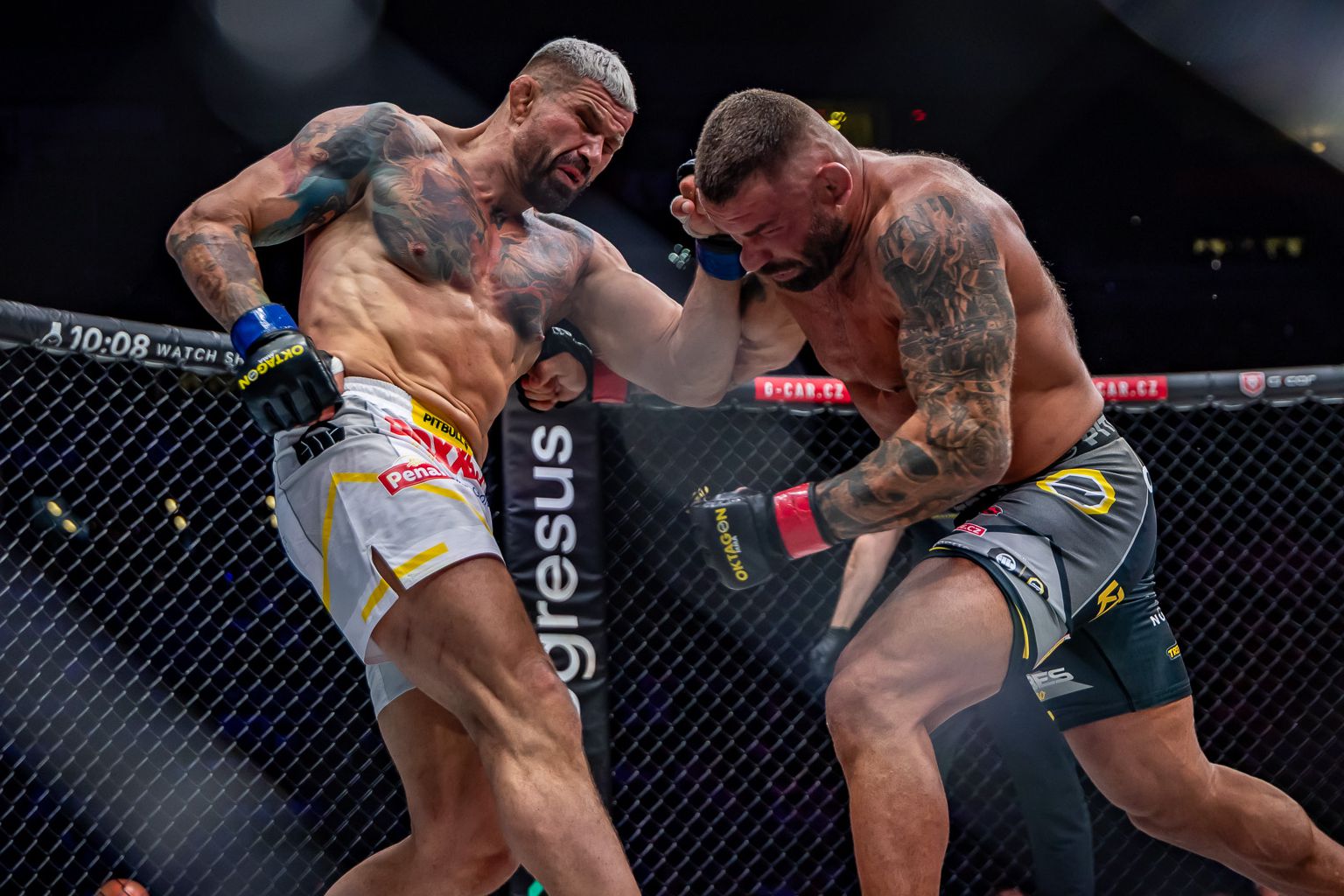 Attila Végh zasahuje Karlosa Vémolu. Zdroj: Oktagon MMA