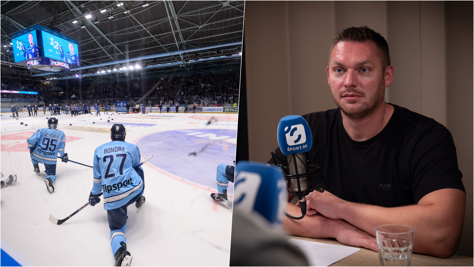 Hokejisti HC Slovan Bratislava po prehre vo finále s HK Nitra a hokejový expert Juraj Mikúš. Zdroj: TASR, ŠPORT.sk