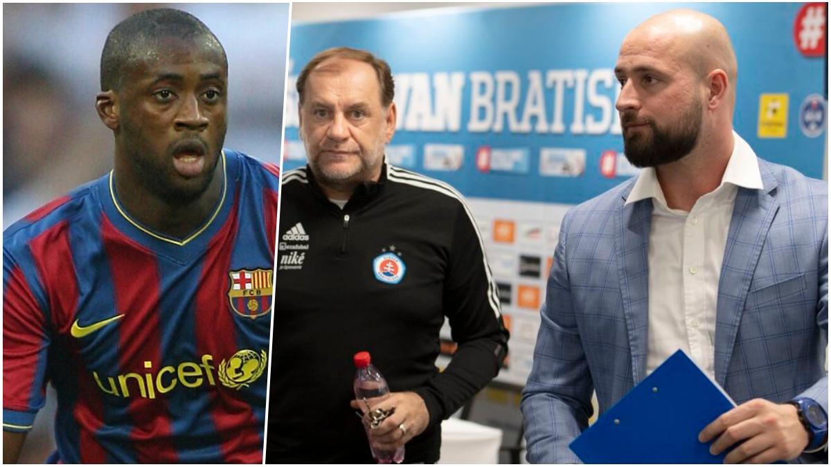 Zľava Yaya Touré, Vladimír Weiss st. a generálny riaditeľ ŠK Slovan Bratislava Ivan Kmotrík ml. Zdroj: TASR/Imago