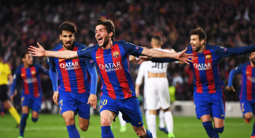 Hráči Barcelony po góle na 6:1 proti PSG. Zdroj: independent.co.uk