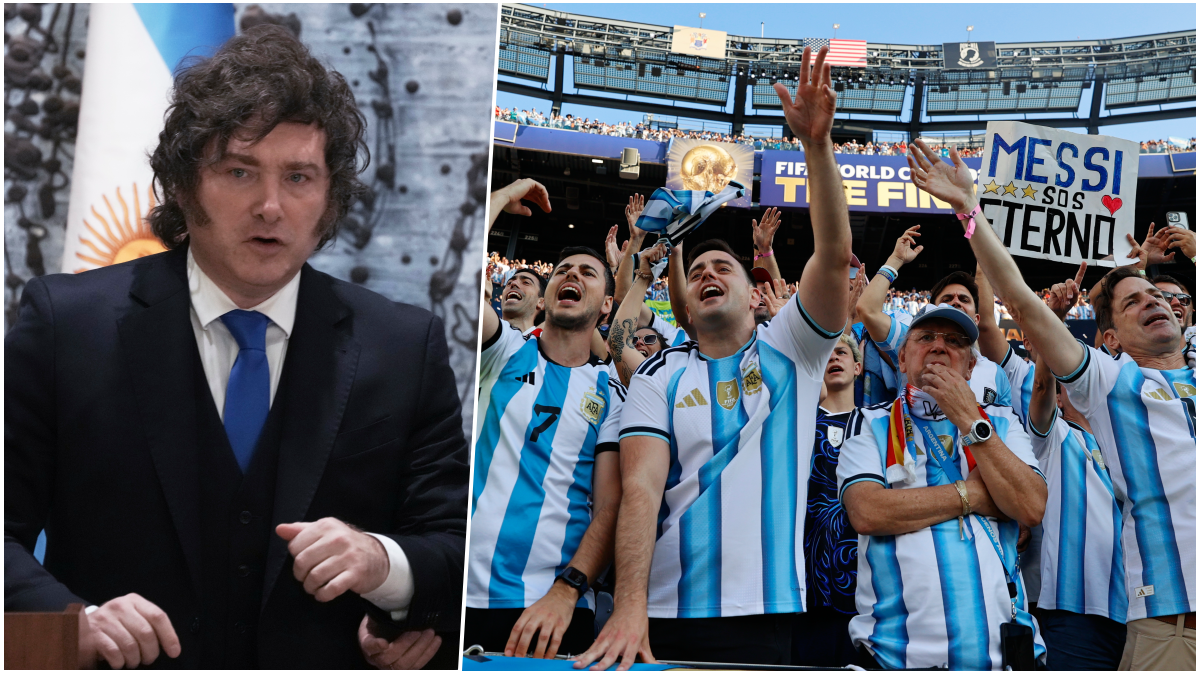 Prezident Javier Milei a argentínski fanúšikovia na MS vo futbale 2026. Zdroj: SITA/AP
