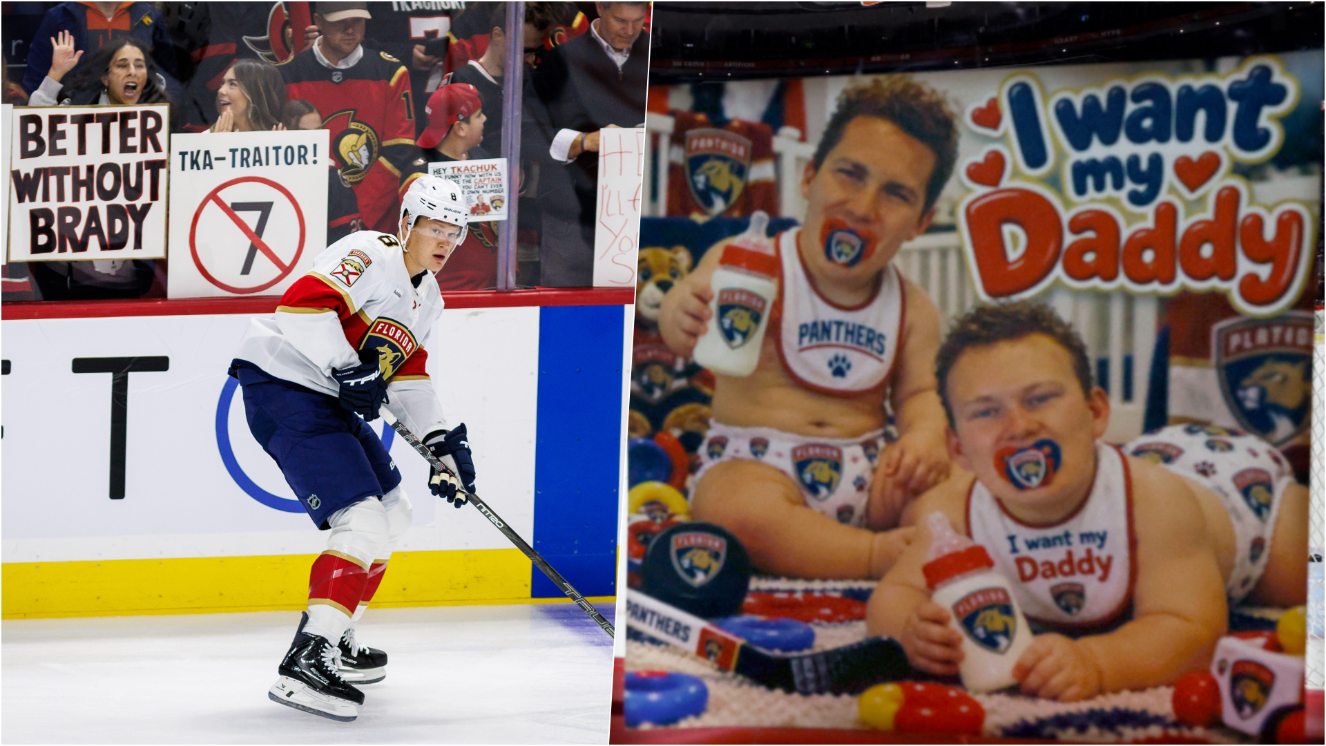 Brady Tkachuk a nápis fanúšikov Ottawy. Zdroj: SITA/AP, X - GinoHard