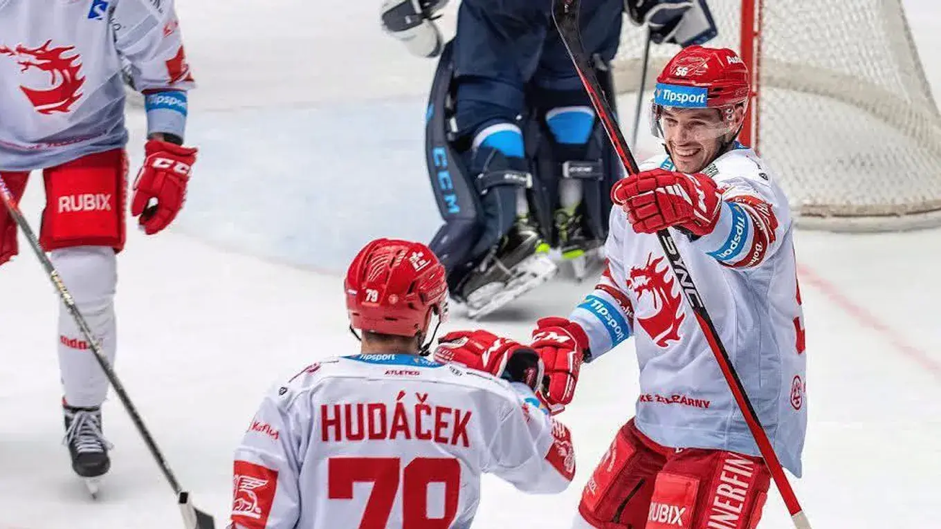 Libor Hudáček a Marko Daňo (vpravo) sa tešia z gólu. Zdroj: Instagram HC Oceláři Třinec