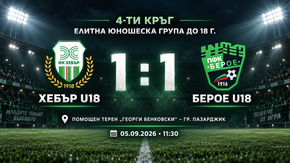 Късен гол донесе точка на Хебър срещу Берое при U18