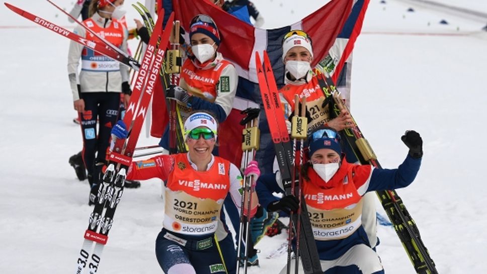 Норвегия спечели женската щафета, Терезе Йохауг завоюва трето злато на Световното