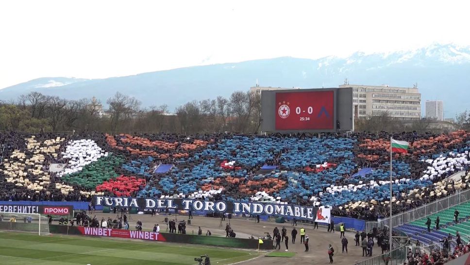Ефектна хореография с разярен бик и испанско послание от феновете на Левски