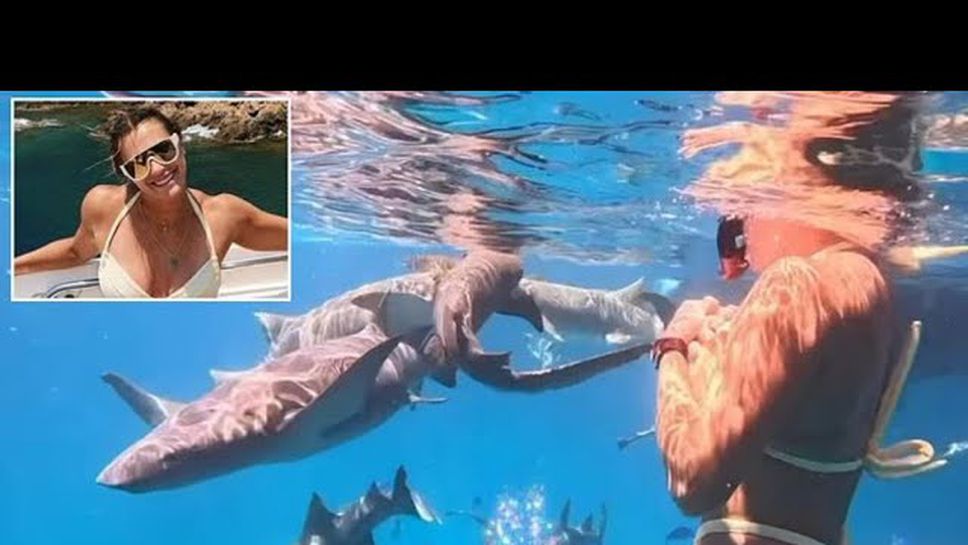 Сабаленка в бански тип танга плува с акули