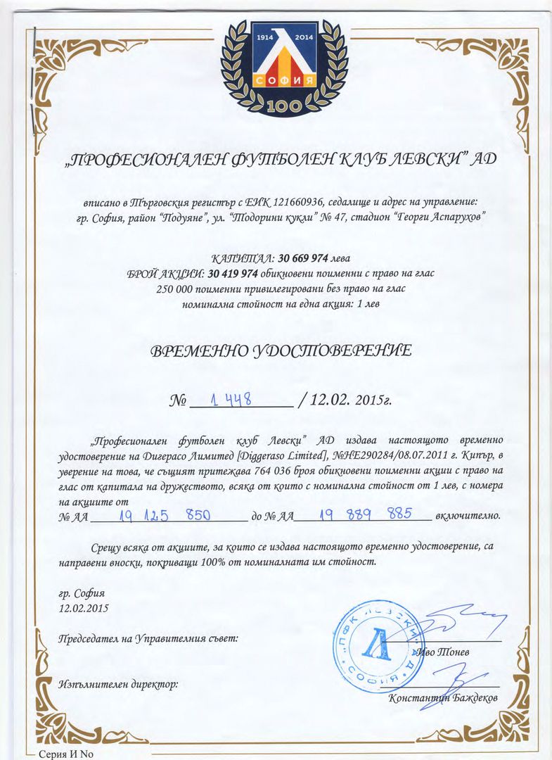 Удостоверения за собственост на акциите на ПФК "Левски"