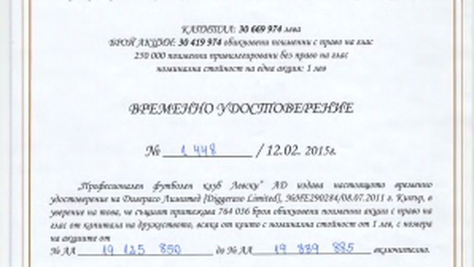 Удостоверения за собственост на акциите на ПФК "Левски"