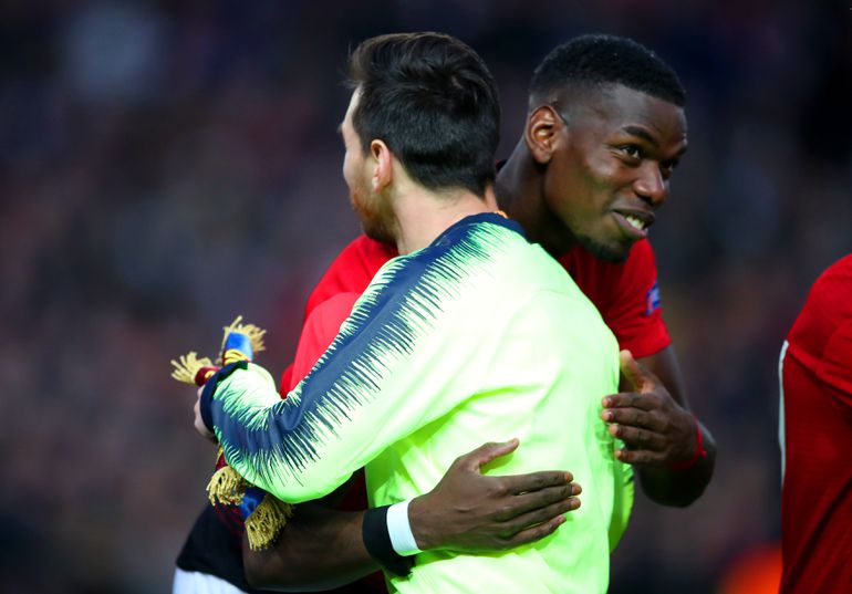 Pol Pogba i Lionel Mesi na utakmici Lige šampiona Mančester junajted - Barselona 2019. godine