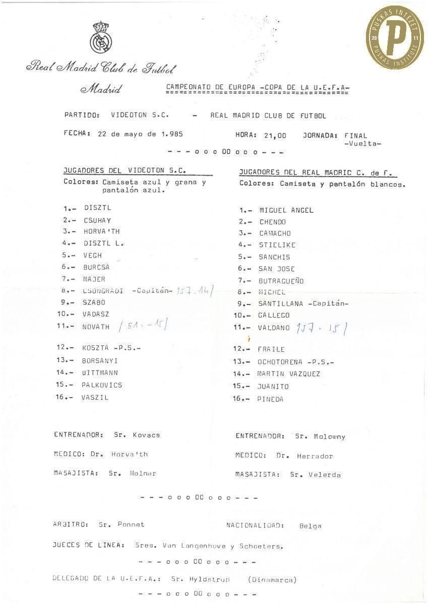 Az 1984–1985-ös UEFA-kupa-döntő második mérkőzésének hivatalos kezdőcsapatai