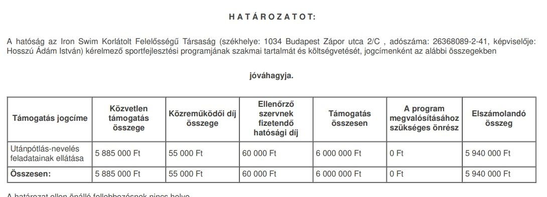 Hogy miért csak a 2022-es támogatás van fent a honlapjukon, arra legfeljebb a klubvezetők tudnának válaszolni (Fotó: Ironswim.hu)